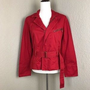 CAbi First Mate Style 401 Red Belted Full Zip Up Collared Blazer Jacket Brass